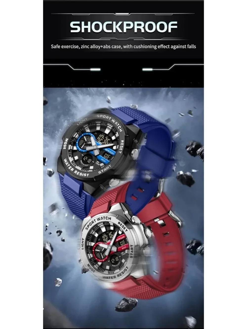 Men's Red Silver Analog Quartz Electronic Military Multifunction Digital Watch